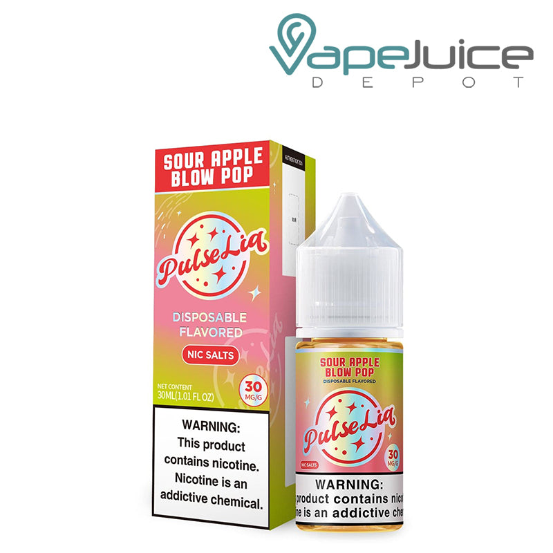 A Box of Sour Apple Blow Pop Pulse Liq Salts with a warning sign next to its 30ml bottle - Vape Juice Depot