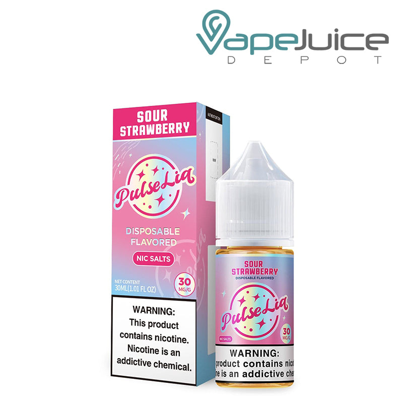 A Box of Sour Strawberry Pulse Liq Salts with a warning sign next to its 30ml bottle - Vape Juice Depot