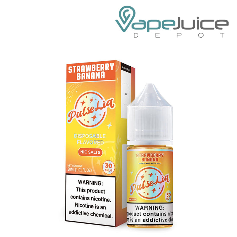 A Box of Strawberry Banana Pulse Liq Salts with. awarning sign next to its 30ml bottle - Vape Juice Depot