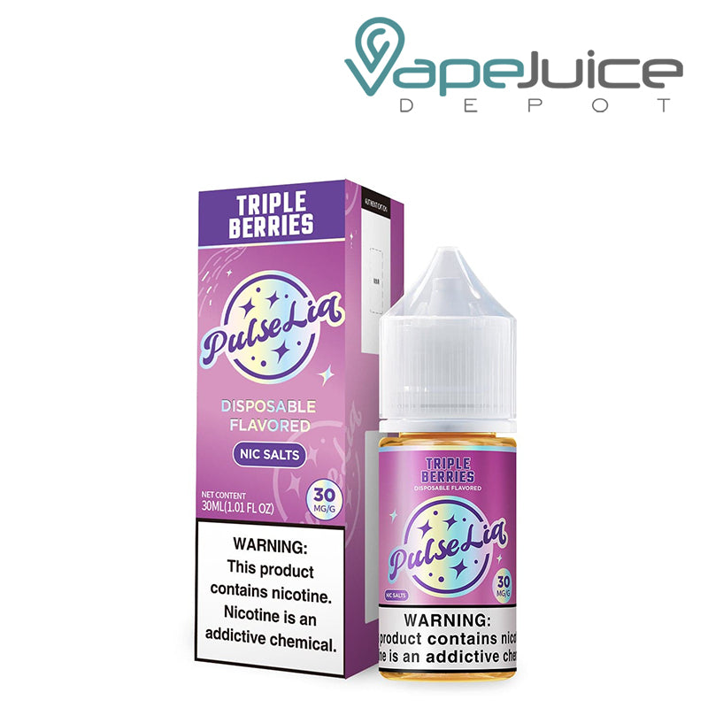 A Box of Triple Berries Pulse Liq Salts with a warning sign next to its 30ml bottle - Vape Juice Depot