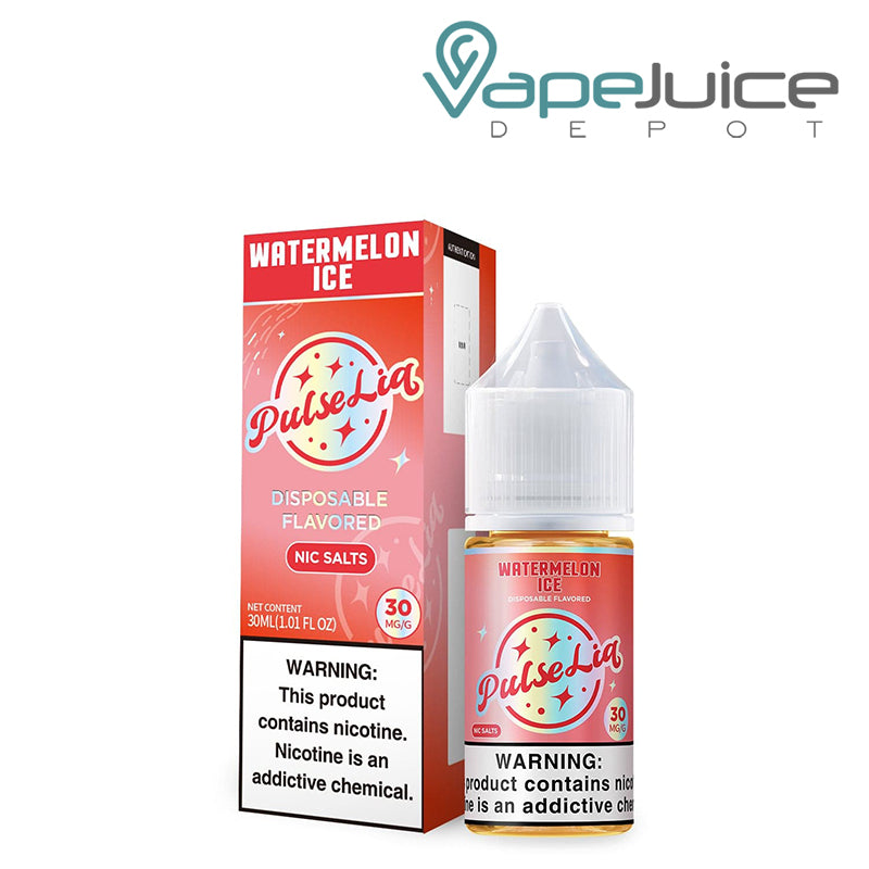 A Box of Watermelon Ice Pulse Liq Salts  with a warning sign next to its 30ml bottle - Vape Juice Depot