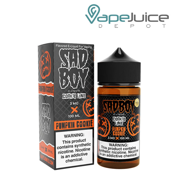 A box of Pumpkin Cookie SadBoy TFN eLiquid with a warning sign and a 100ml bottle next to it - Vape Juice Depot