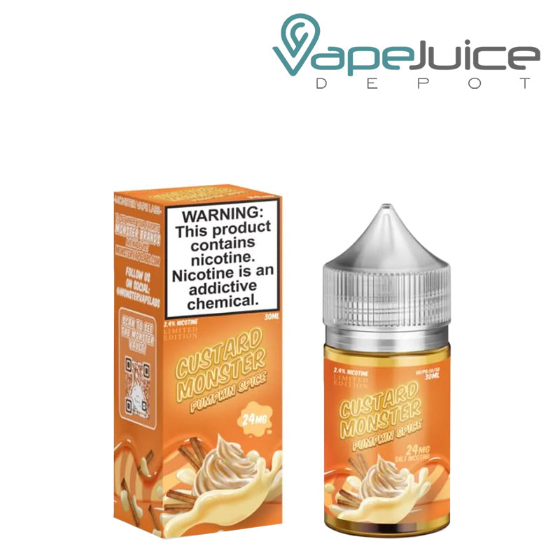 A box of Pumpkin Spice Custard Monster Salts with a warning sign and a 30ml bottle next to it - Vape Juice Depot