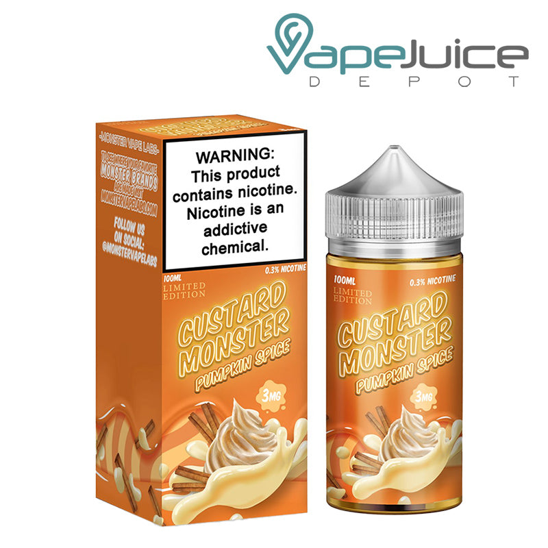 A box of  Pumpkin Spice Custard Monster eLiquid with a warning sign and a 100ml bottle next to it - Vape Juice Depot