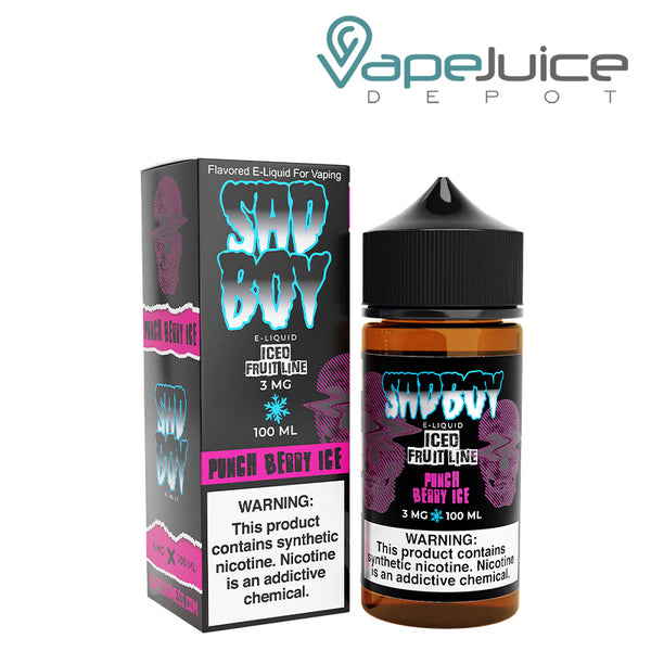 A box of Punch Berry Ice SadBoy eLiquid with a warning sign and a 100ml bottle next to it - Vape Juice Depot