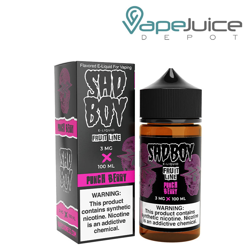 A box of Punch Berry SadBoy eLiquid with a warning sign and a 100ml bottle next to it - Vape Juice Depot