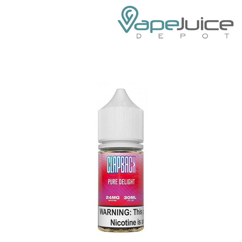 A 30ml bottle of Pure Delight SVRF ClapBack TFN Salt eLiquid with a warning sign - Vape Juice Depot