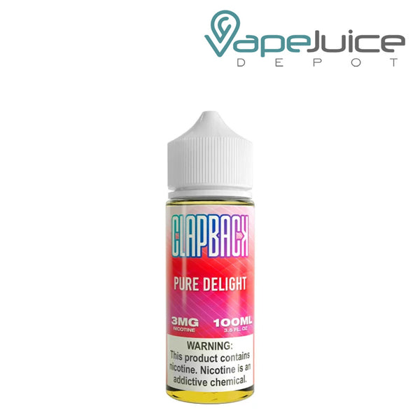 A 100ml bottle of Pure Delight SVRF ClapBack TFN eLiquid with a warning sign - Vape Juice Depot
