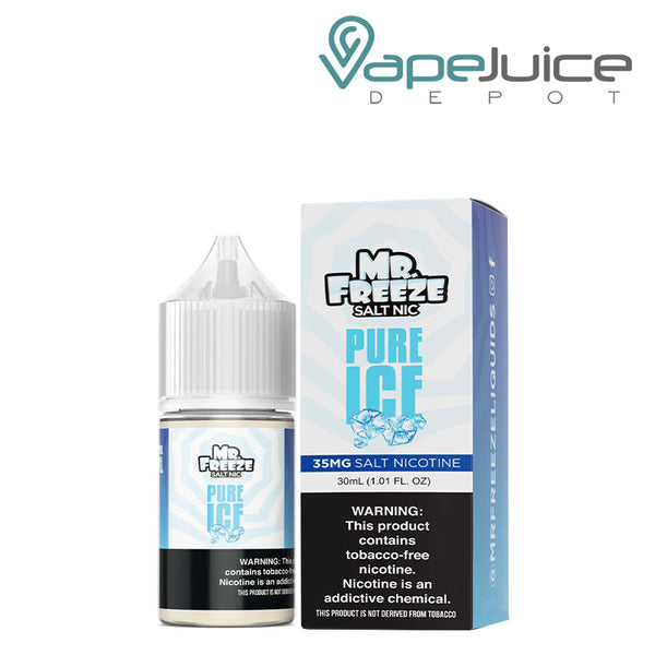 A 30ml bottle of Pure Ice Mr Freeze Salt Nic and a box with a warning sign next to it - Vape Juice Depot