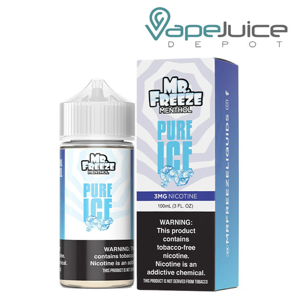 A 100ml bottle of Pure Ice Mr Freeze eLiquid and a box with a warning sign next to it - Vape Juice Depot