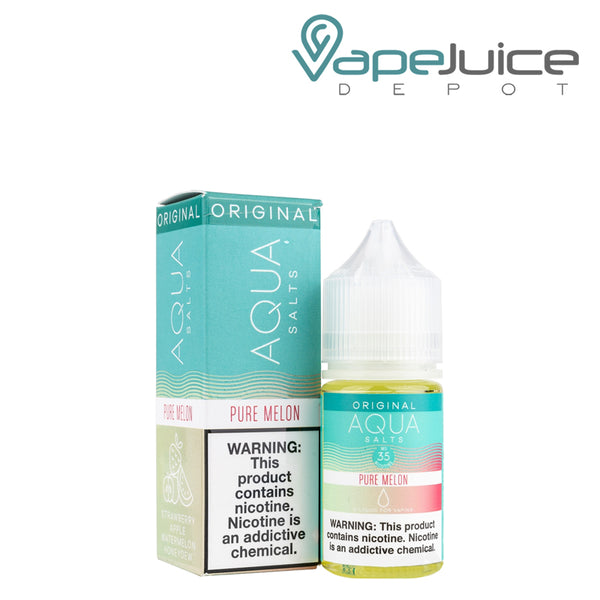 A box of Pure Melon AQUA Synthetic Salts with a warning sign and a 30ml bottle next to it - Vape Juice Depot