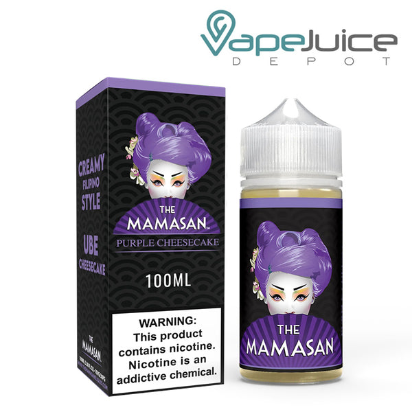A box of Purple Cheesecake The Mamasan eLiquid with a warning sign and a 100ml bottle next to it - Vape Juice Depot