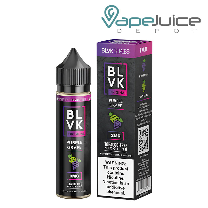A 60ml bottle of Purple Grape BLVK Unicorn and a box with a warning sign next to it - Vape Juice Depot