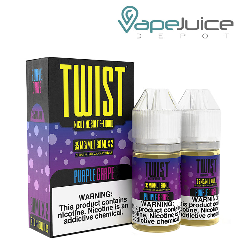 A box of Purple Grape Twist Salt 35mg E-Liquid with a warning sign and two 30ml bottles next to it - Vape Juice Depot