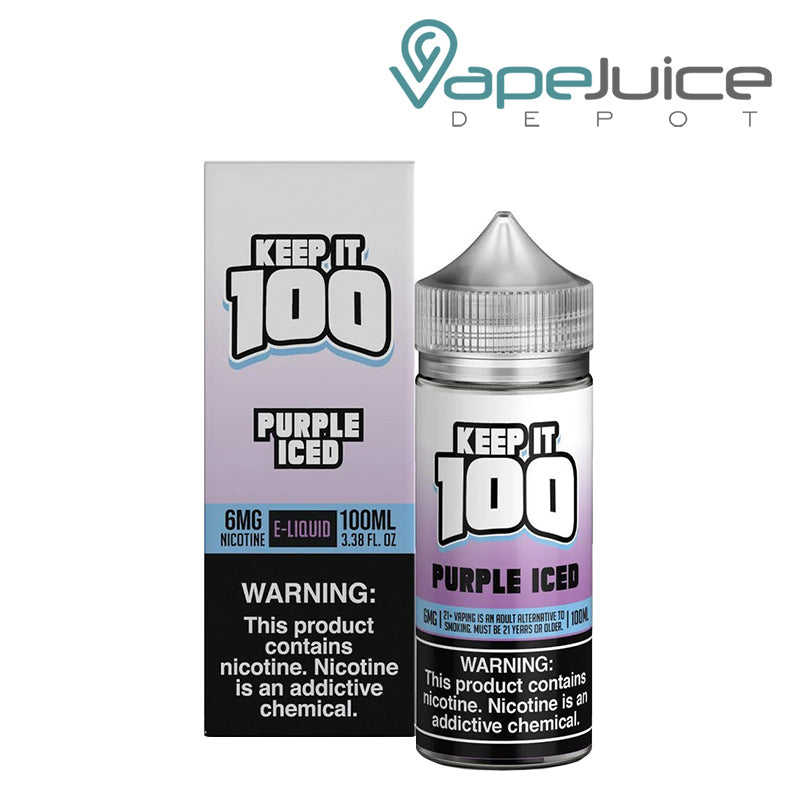 A box of Purple Iced Keep it 100 TFN eLiquid with a warning sign and a 100ml bottle next to it - Vape Juice Depot