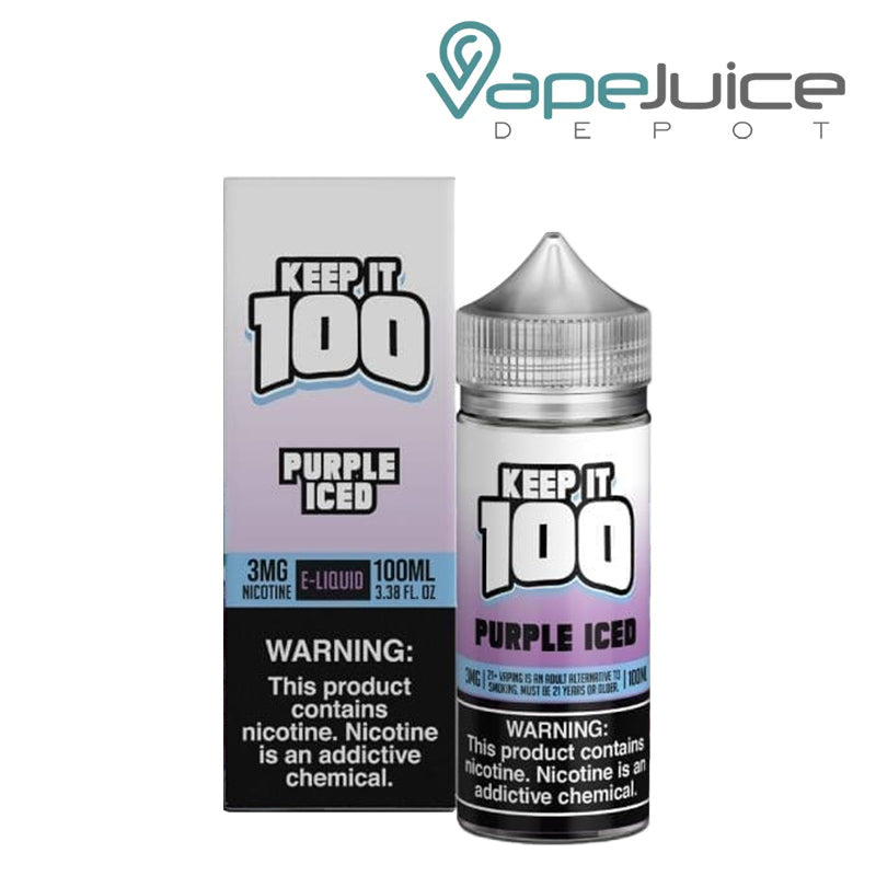 A Box of Purple Iced Keep it 100 TFN eLiquid with a warning sign next to its 100ml bottle - Vape Juice Depot