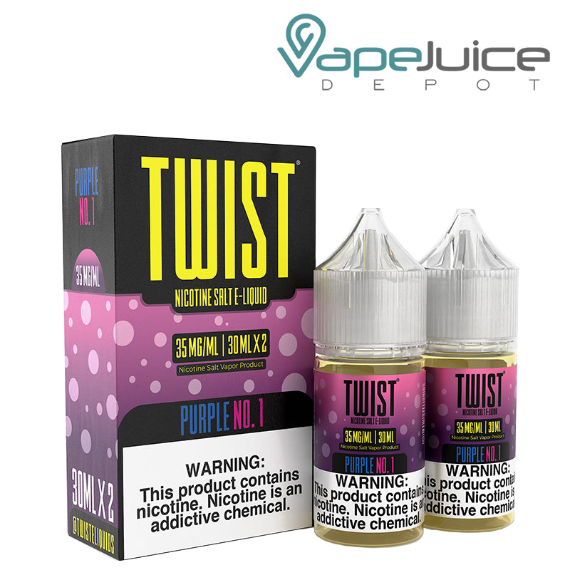 A box of Purple No. 1 Twist Salt 35mg E-Liquid with a warning sign and two 30ml bottles next to it - Vape Juice Depot
