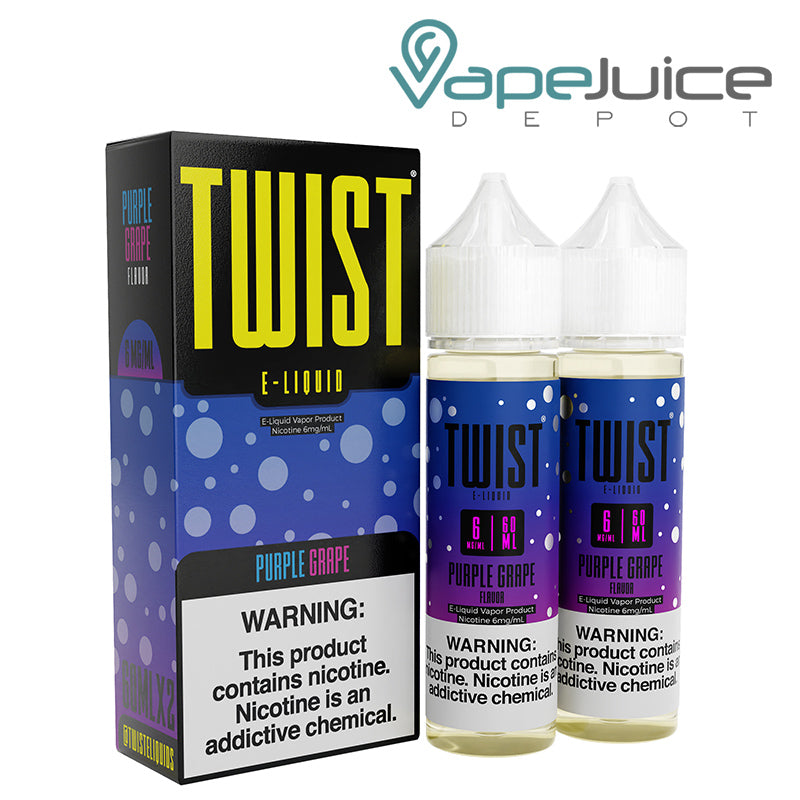 A box of Purple Grape Twist 6mg E-Liquid with a warning sign and two 60ml bottles next to it - Vape Juice Depot