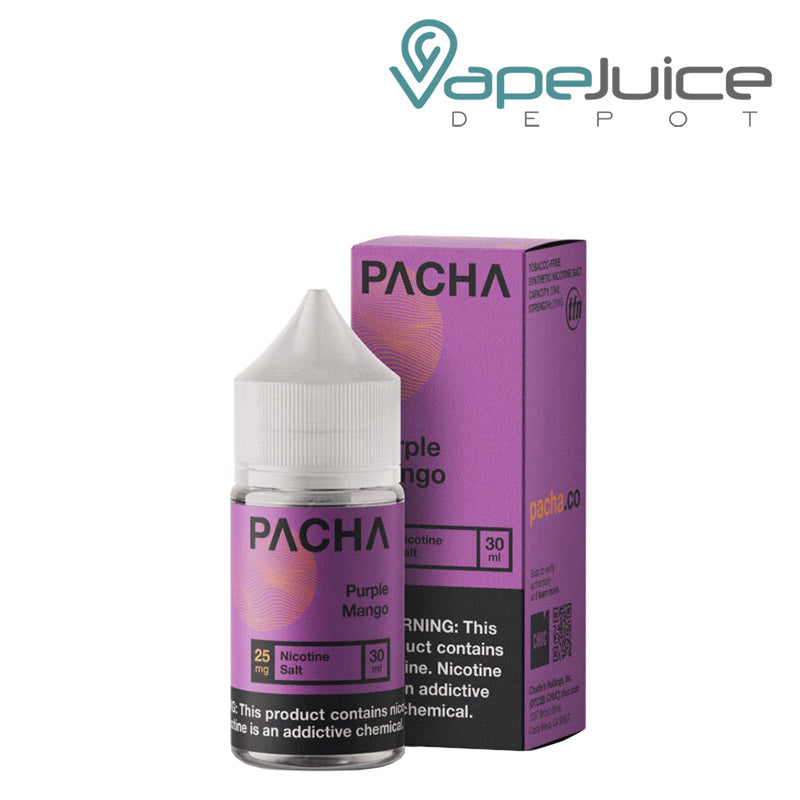 A 30ml bottle of Purple Mango PachaMama Salts with a warning sign and a box next to it - Vape Juice Depot