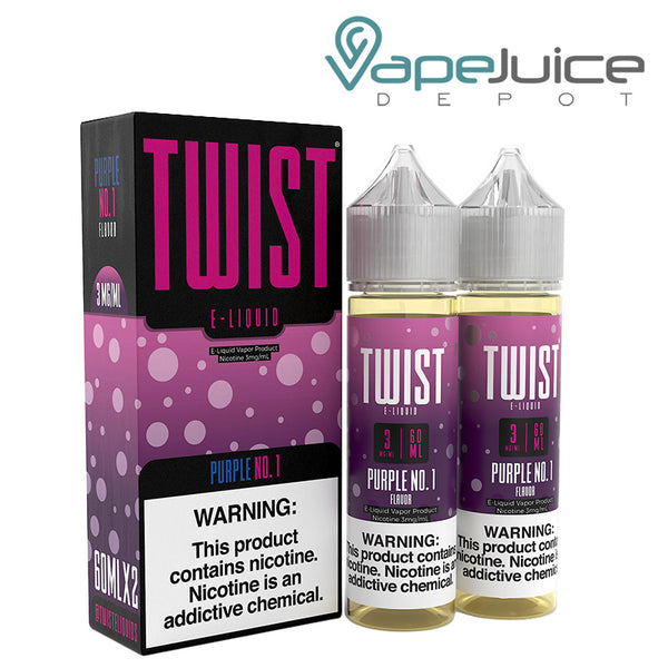 A box of Purple No 1 Twist 3mg E-Liquid with a warning sign and two 60ml bottles next to it - Vape Juice Depot