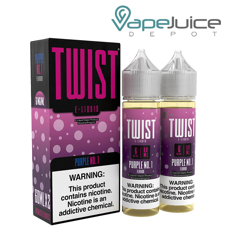 A box of Purple No 1 Twist 6mg E-Liquid with a warning sign and two 60ml bottles next to it - Vape Juice Depot