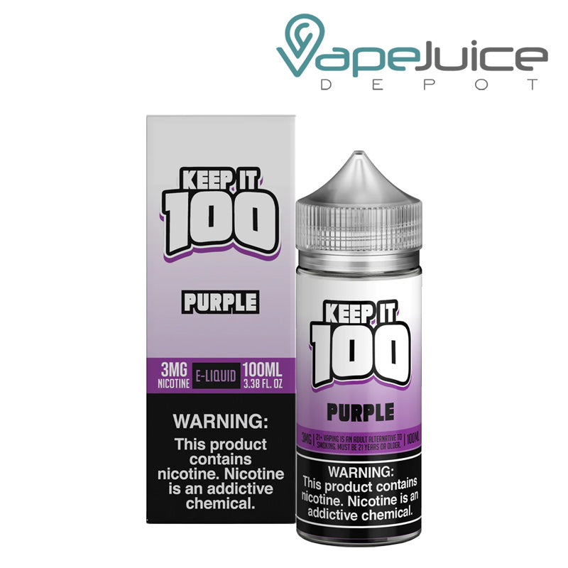 A vox of Purple (OG Purp) Keep it 100 TFN eLiquid with a warning sign and a 100ml bottle next to it - Vape Juice Depot