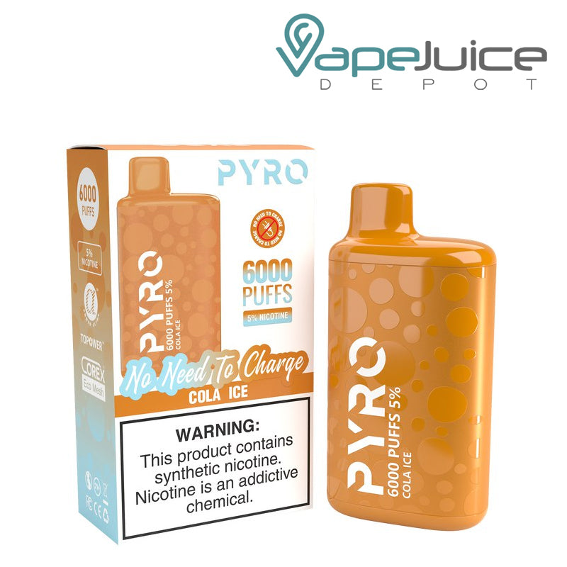 A box of Cola Ice Pyro Tech 6000 Disposable with a warning sign and a Disposable next to it - Vape Juice Depot