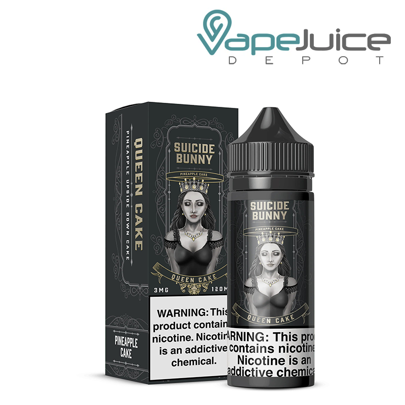 A Box of Queen Cake Suicide Bunny with a warning sign and a 120ml bottle next to it - Vape Juice Depot