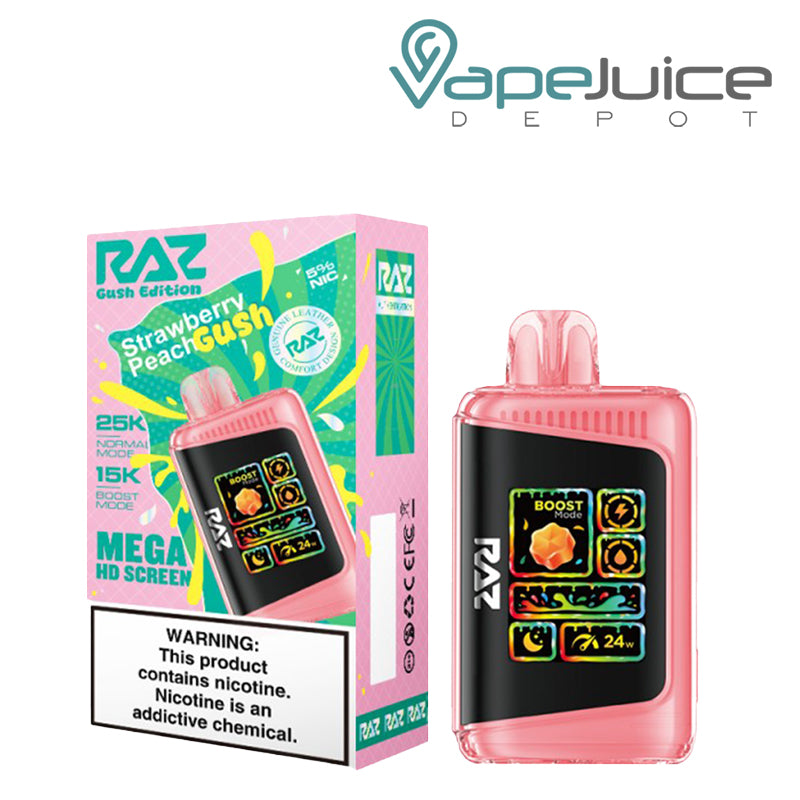 A Box of Strawberry Peach Gush RAZ LTX25000 Disposable Vape with a warning sign and a disposable with Mega HD Screen next to it - Vape Juice Depot