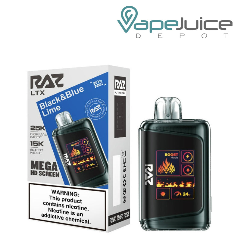 A Box of Black & Blue Lime RAZ LTX25000 Disposable Vape with a warning sign and a disposable with Mega HD Screen next to it - Vape Juice Depot
