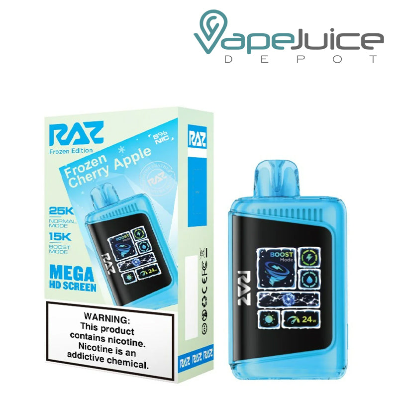 A Box of Frozen Cherry Apple RAZ LTX25000 Disposable Vape with a warning sign and a disposable with Mega HD Screen next to it - Vape Juice Depot