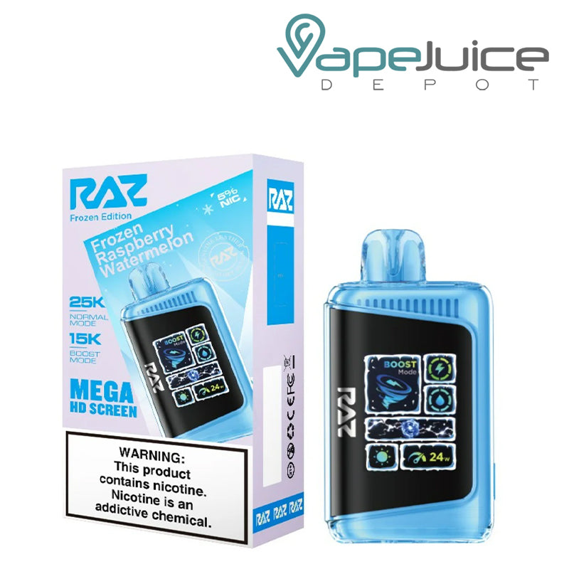 A Box of Frozen Raspberry Watermelon RAZ LTX25000 Disposable Vape with a warning sign and a disposable with Mega HD Screen next to it - Vape Juice Depot