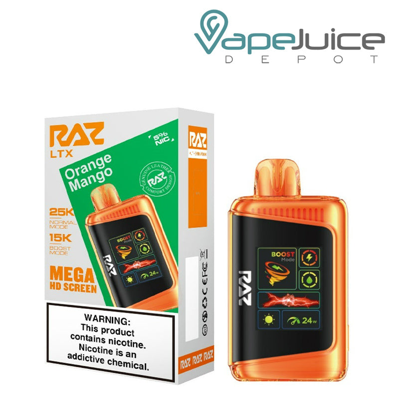 A Box of Orange Mango RAZ LTX25000 Disposable Vape with a warning sign and a disposable with Mega HD Screen next to it - Vape Juice Depot