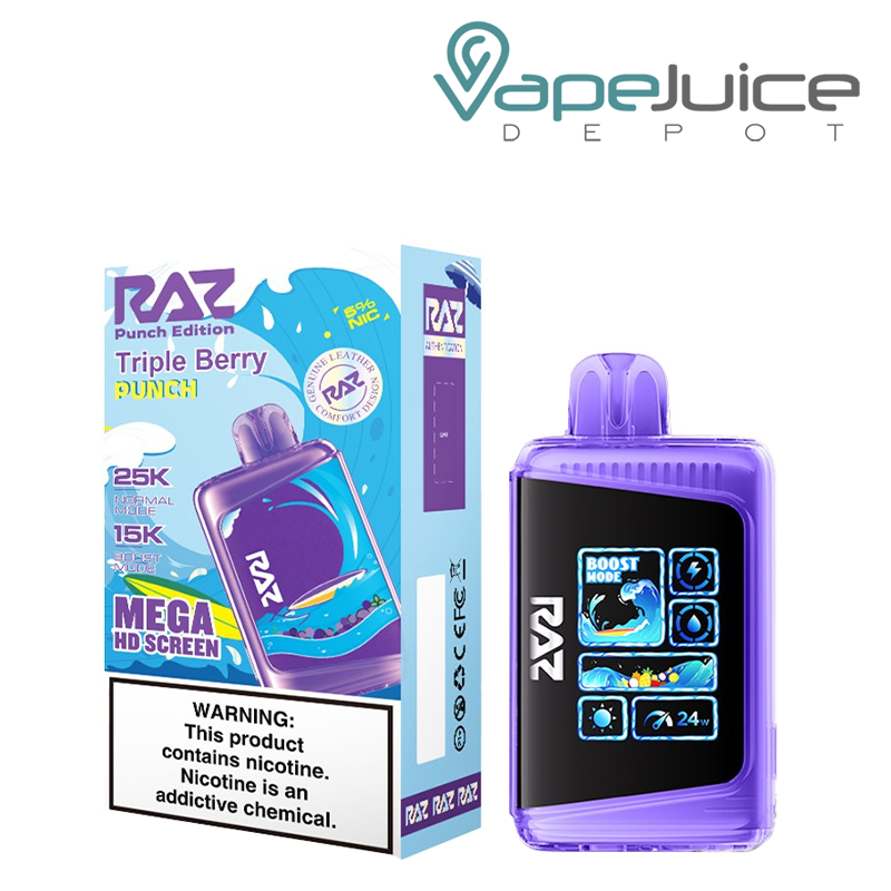 A Box of Triple Berry Punch RAZ LTX25000 Disposable with a warning sign and a device next to it - Vape Juice Depot