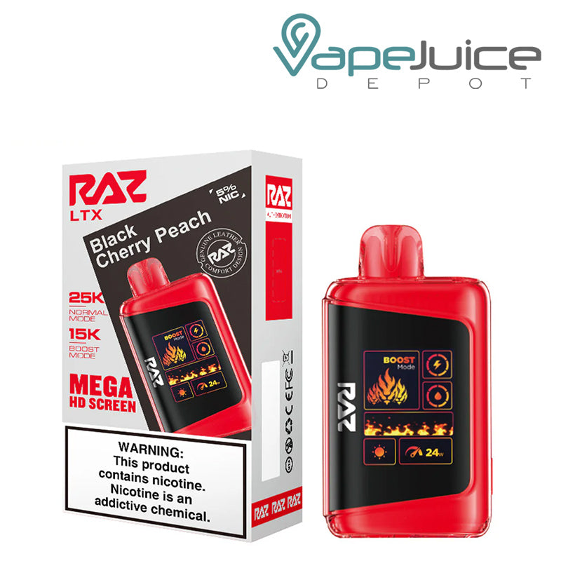 A Box of Black Cherry Peach RAZ LTX25000 Disposable Vape with a warning sign and a disposable with Mega HD Screen next to it - Vape Juice Depot