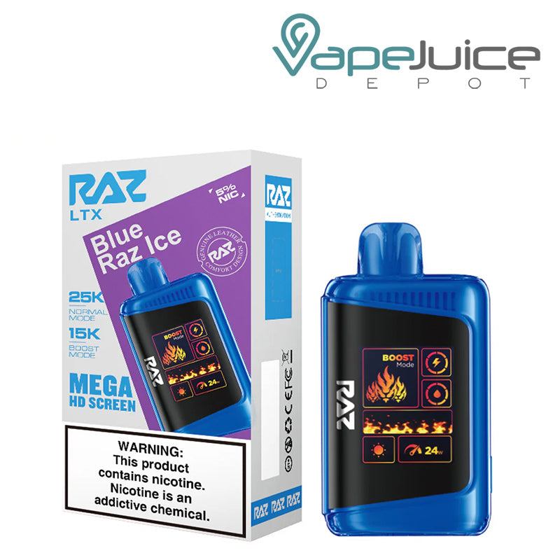 A Box of Clue Raz Ice RAZ LTX25000 Disposable Vape with a warning sign and a disposable with Mega HD Screen next to it - Vape Juice Depot