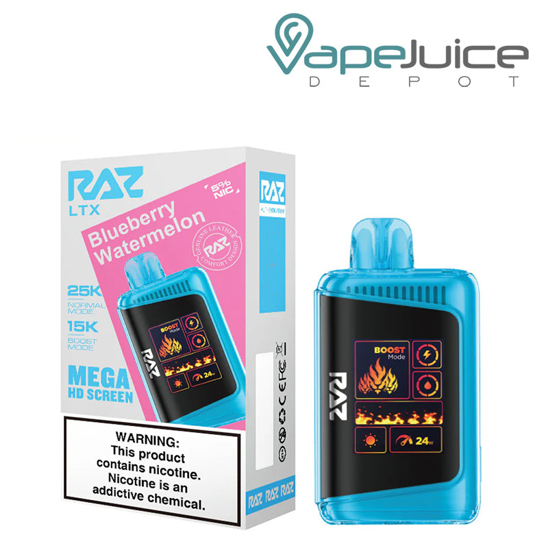 A Box of Blueberry Watermelon RAZ LTX25000 Disposable Vape with a warning sign and a disposable with Mega HD Screen next to it - Vape Juice Depot