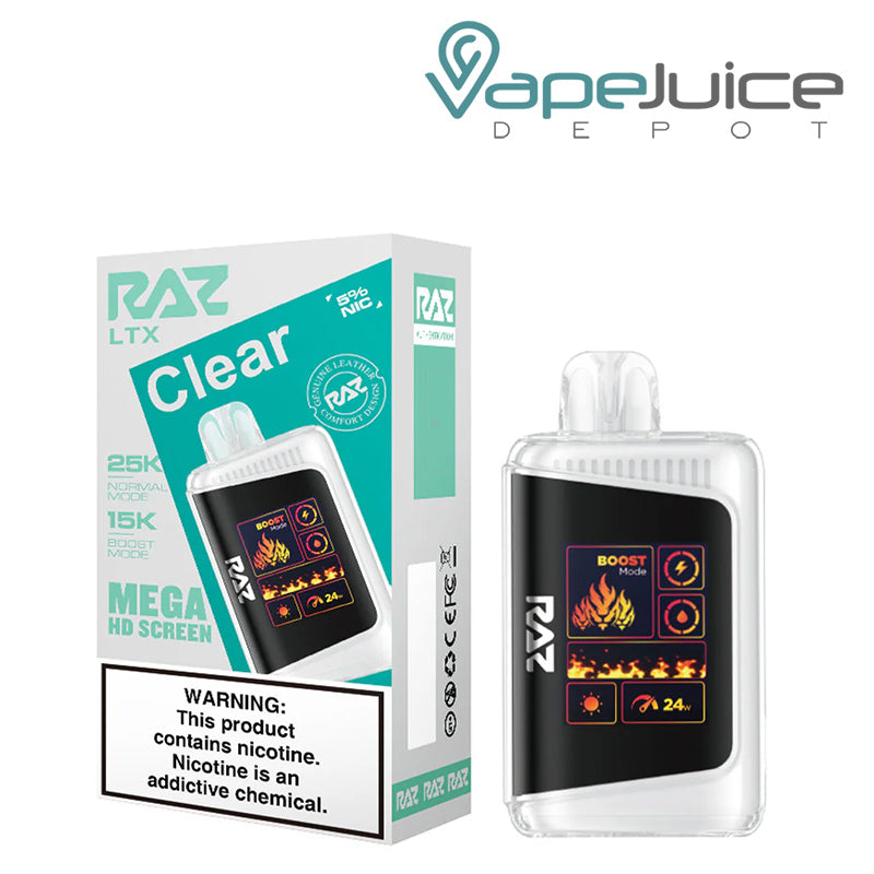 A Box of Clear RAZ LTX25000 Disposable Vape with a warning sign and a disposable with Mega HD Screen next to it - Vape Juice Depot