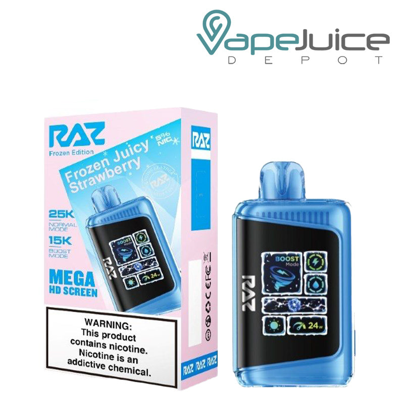 A Box of Frozen Juicy Strawberry RAZ LTX25000 Disposable Vape with a warning sign and a disposable with Mega HD Screen next to it - Vape Juice Depot