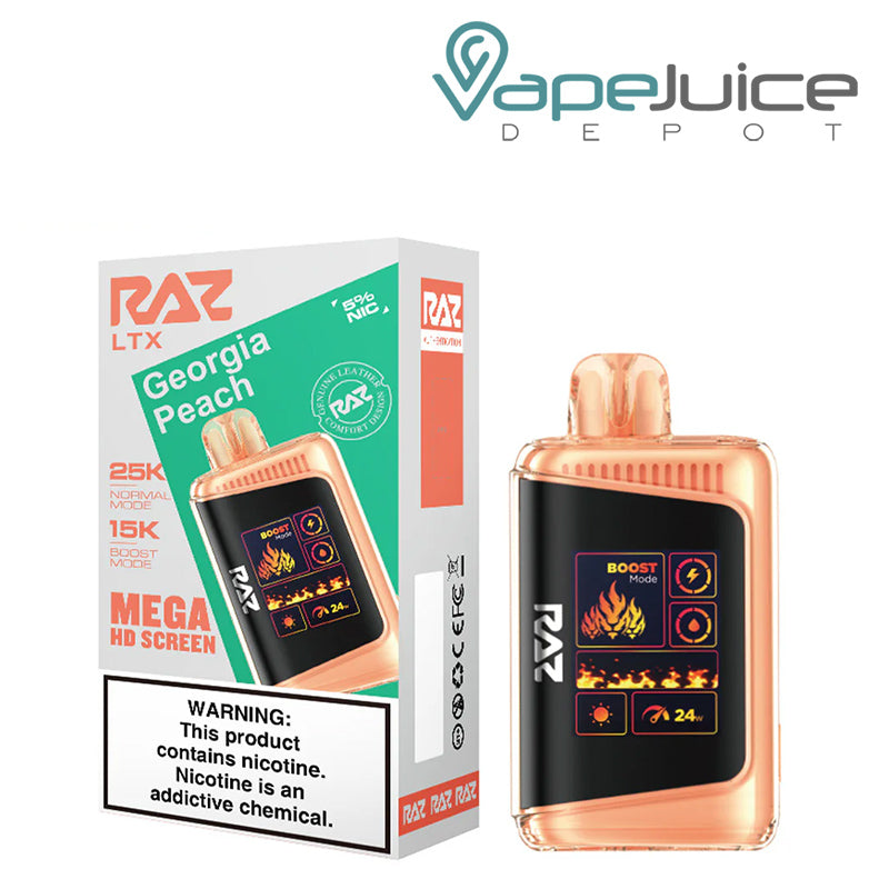 A Box of Georgie Peach RAZ LTX25000 Disposable Vape with a warning sign and a disposable with Mega HD Screen next to it - Vape Juice Depot