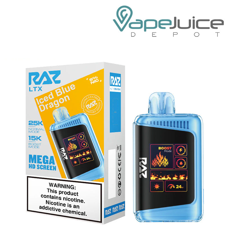 A Box of Iced Blue Dragon RAZ LTX25000 Disposable Vape with a warning sign and a disposable with Mega HD Screen next to it - Vape Juice Depot