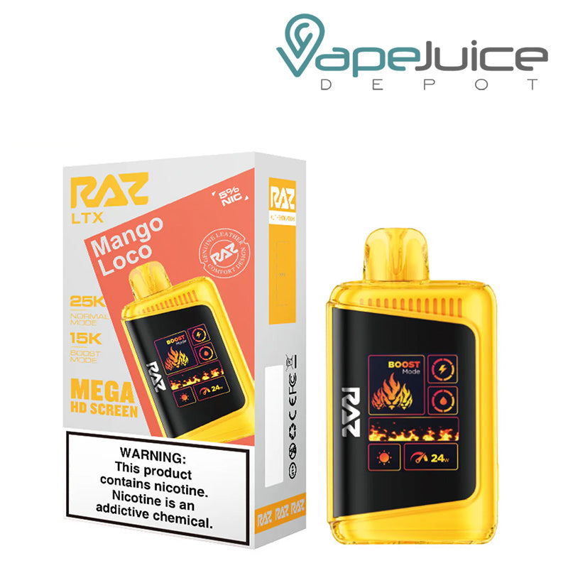 A Box of Mango Loco RAZ LTX25000 Disposable Vape with a warning sign and a disposable with Mega HD Screen next to it - Vape Juice Depot