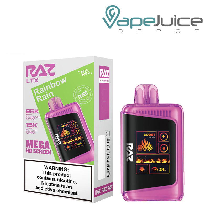 A Box of Rainbow Rain RAZ LTX25000 Disposable Vape with a warning sign and a disposable with Mega HD Screen next to it - Vape Juice Depot