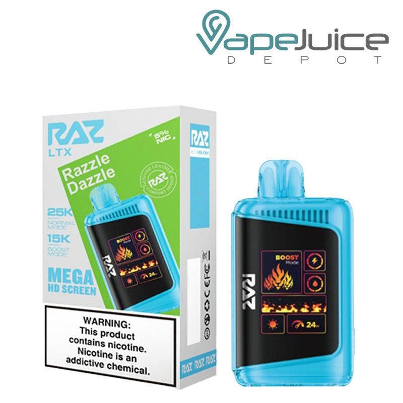 A Box of Razzle Dazzle RAZ LTX25000 Disposable Vape with a warning sign and a disposable with Mega HD Screen next to it - Vape Juice Depot