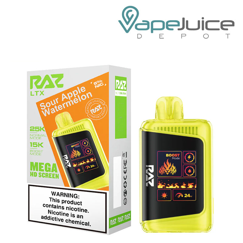 A Box of Sour Apple Watermelon RAZ LTX25000 Disposable Vape with a warning sign and a disposable with Mega HD Screen next to it - Vape Juice Depot