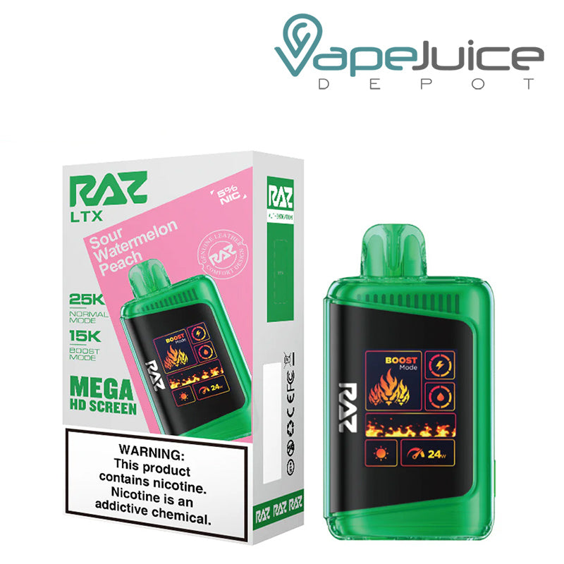 A Box of Sour Watermelon Peach RAZ LTX25000 Disposable Vape with a warning sign and a disposable with Mega HD Screen next to it - Vape Juice Depot