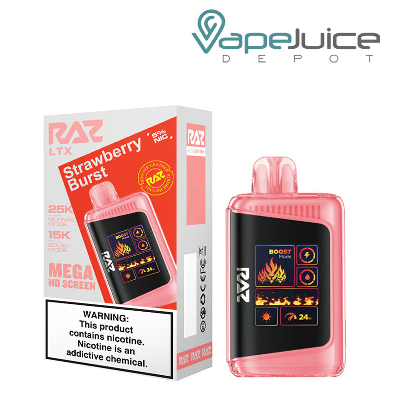 A Box of Strawberry Burst RAZ LTX25000 Disposable Vape with a warning sign and a disposable with Mega HD Screen next to it - Vape Juice Depot