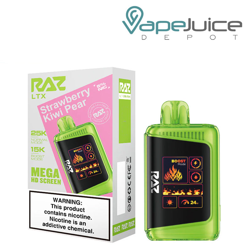 A Box of Strawberry Kiwi Pear RAZ LTX25000 Disposable Vape with a warning sign and a disposable with Mega HD Screen next to it - Vape Juice Depot