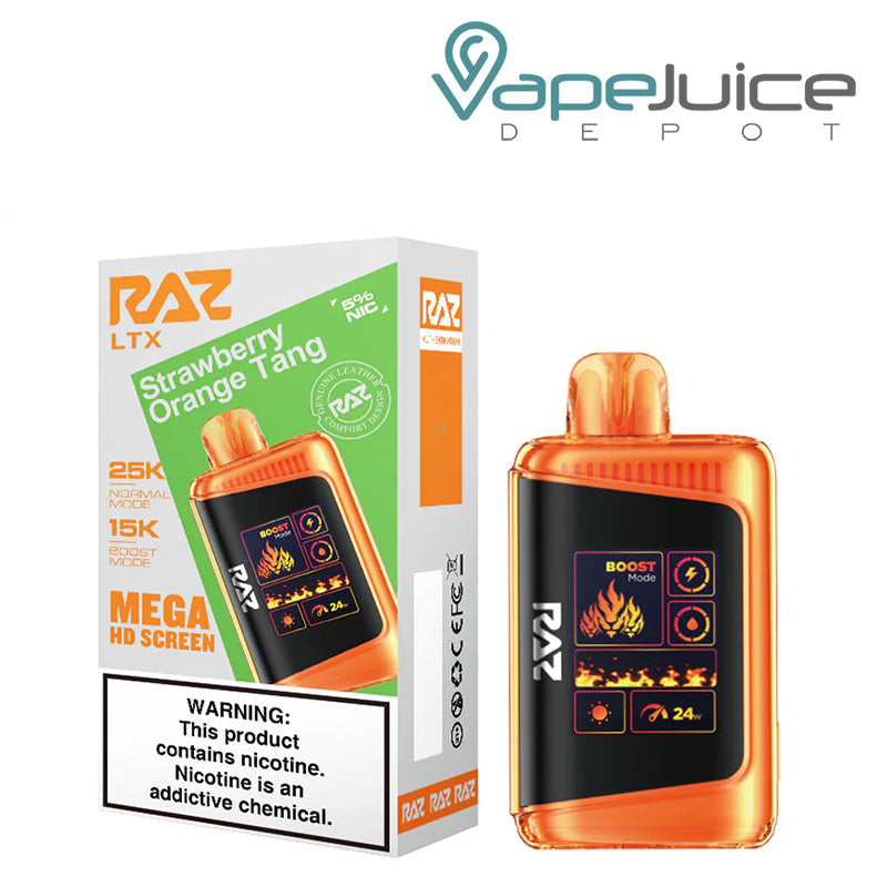 A Box of Strawberry Orange Tang RAZ LTX25000 Disposable Vape with a warning sign and a disposable with Mega HD Screen next to it - Vape Juice Depot