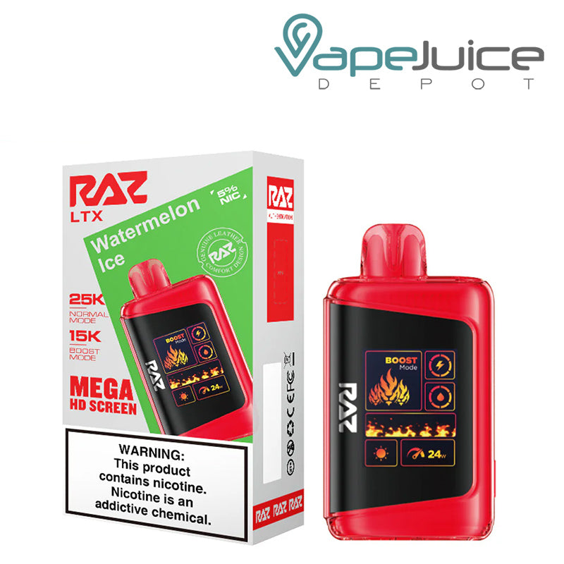 A Box of Watermelon Ice RAZ LTX25000 Disposable Vape with a warning sign and a disposable with Mega HD Screen next to it - Vape Juice Depot